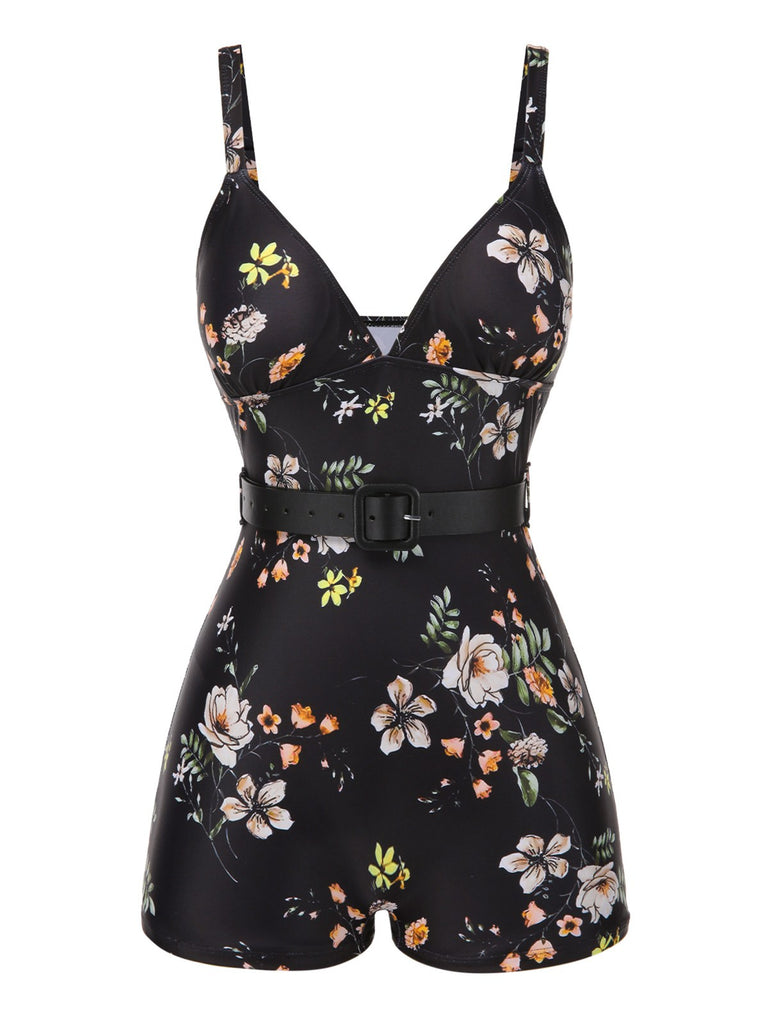 Black 1940s Floral Boxer Straps Swimsuit