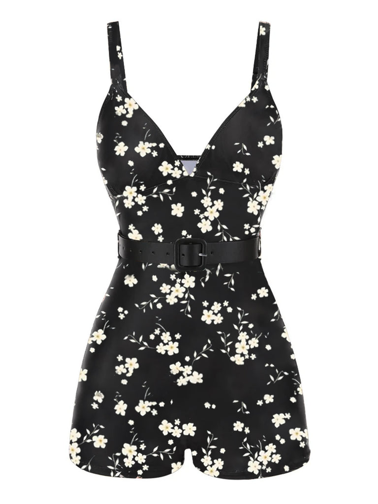 Black 1940s Floral Boxer Straps Swimsuit