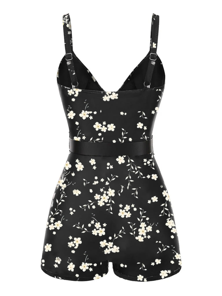 Black 1940s Floral Boxer Straps Swimsuit