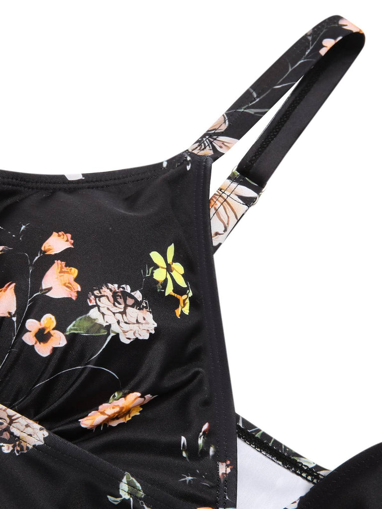 Black 1940s Floral Boxer Straps Swimsuit