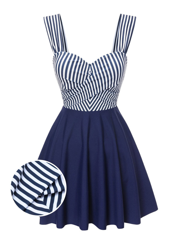 Blue 1940s Wide Straps Stripe Swim Dress