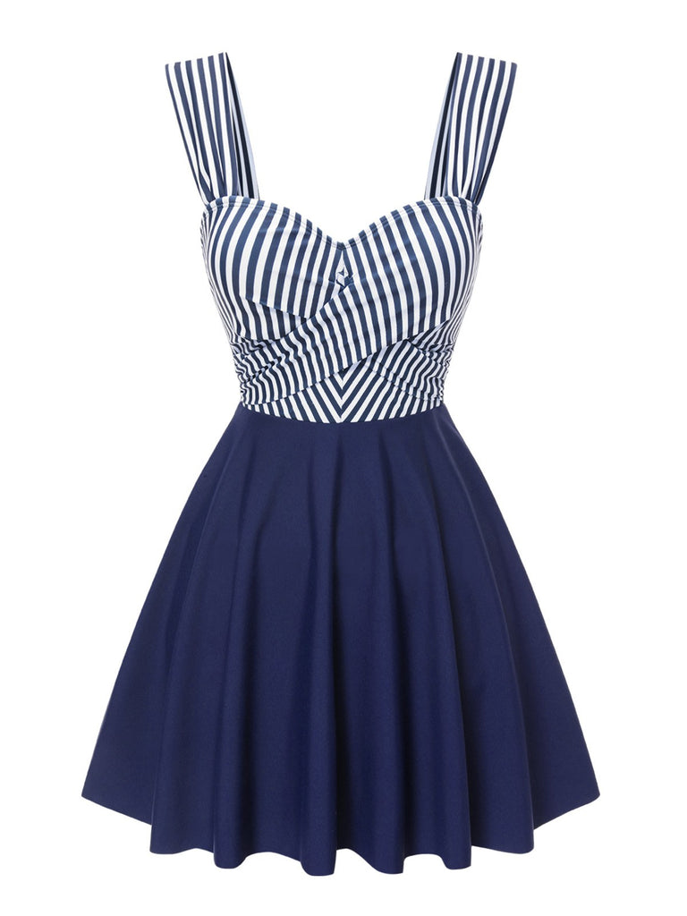 Blue 1940s Wide Straps Stripe Swim Dress