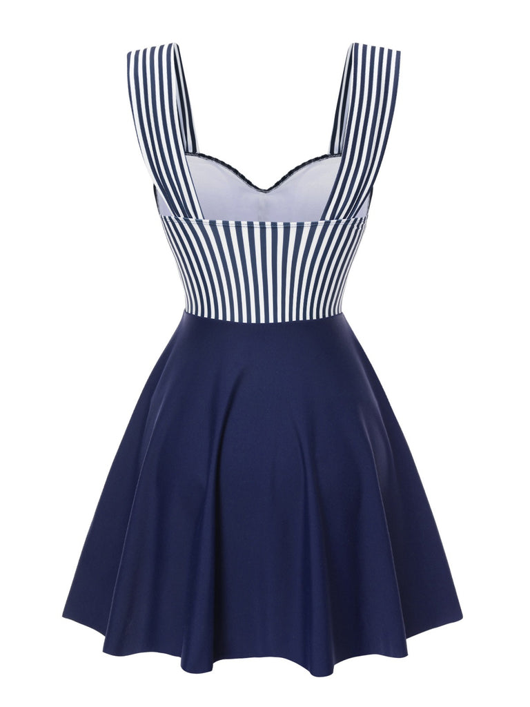 Blue 1940s Wide Straps Stripe Swim Dress