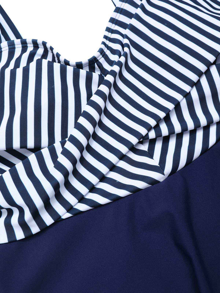 Blue 1940s Wide Straps Stripe Swim Dress