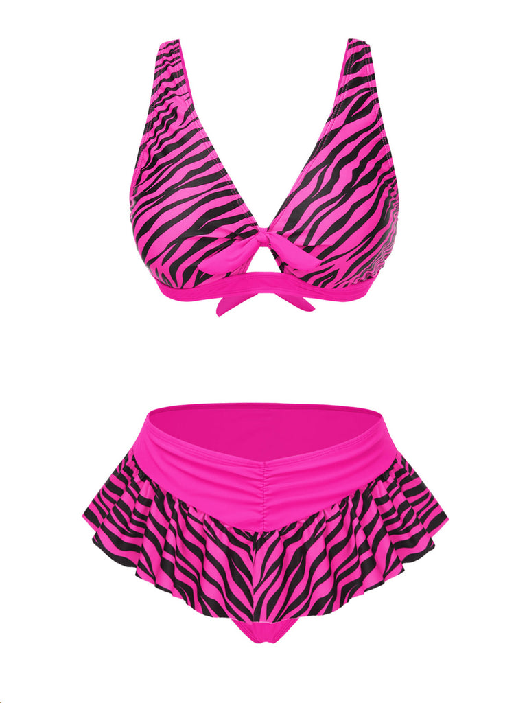 Pink 1950s Strap Zebra Print Bikini Set
