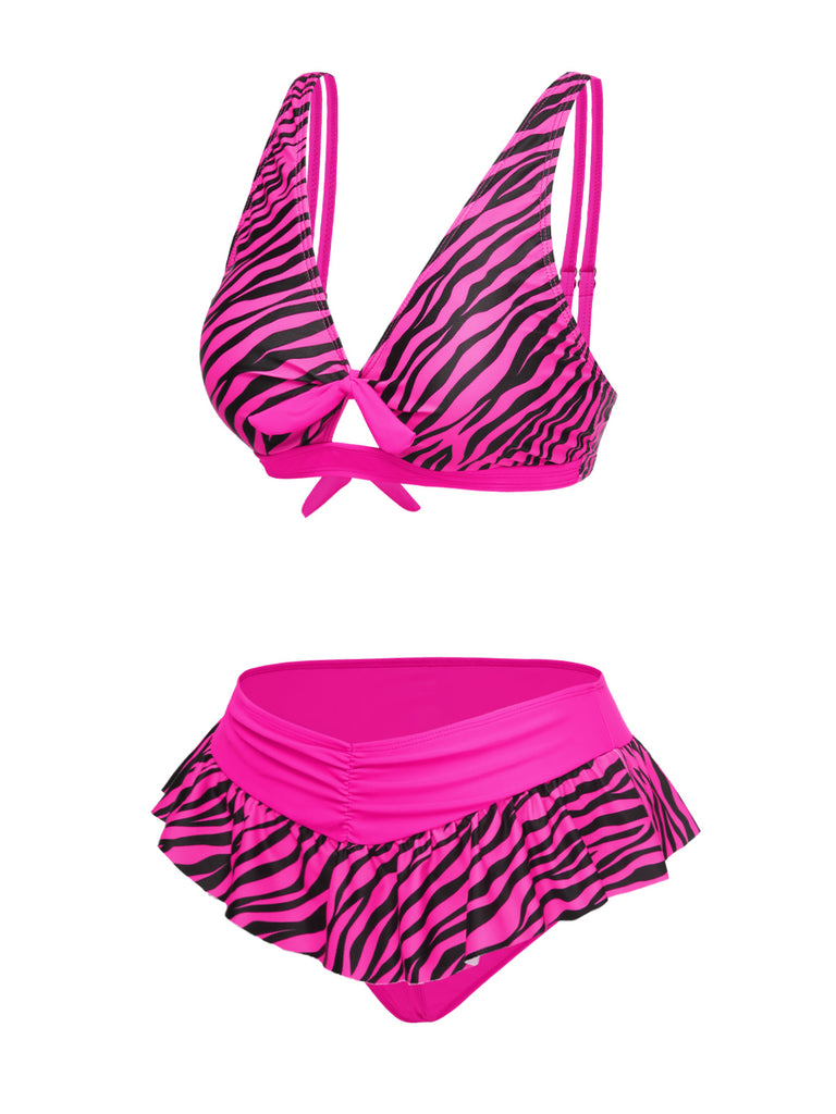 Pink 1950s Strap Zebra Print Bikini Set