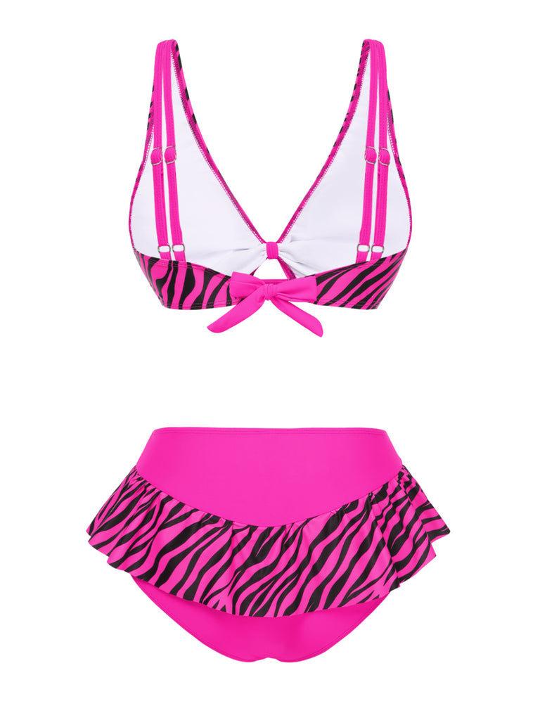 Pink 1950s Strap Zebra Print Bikini Set
