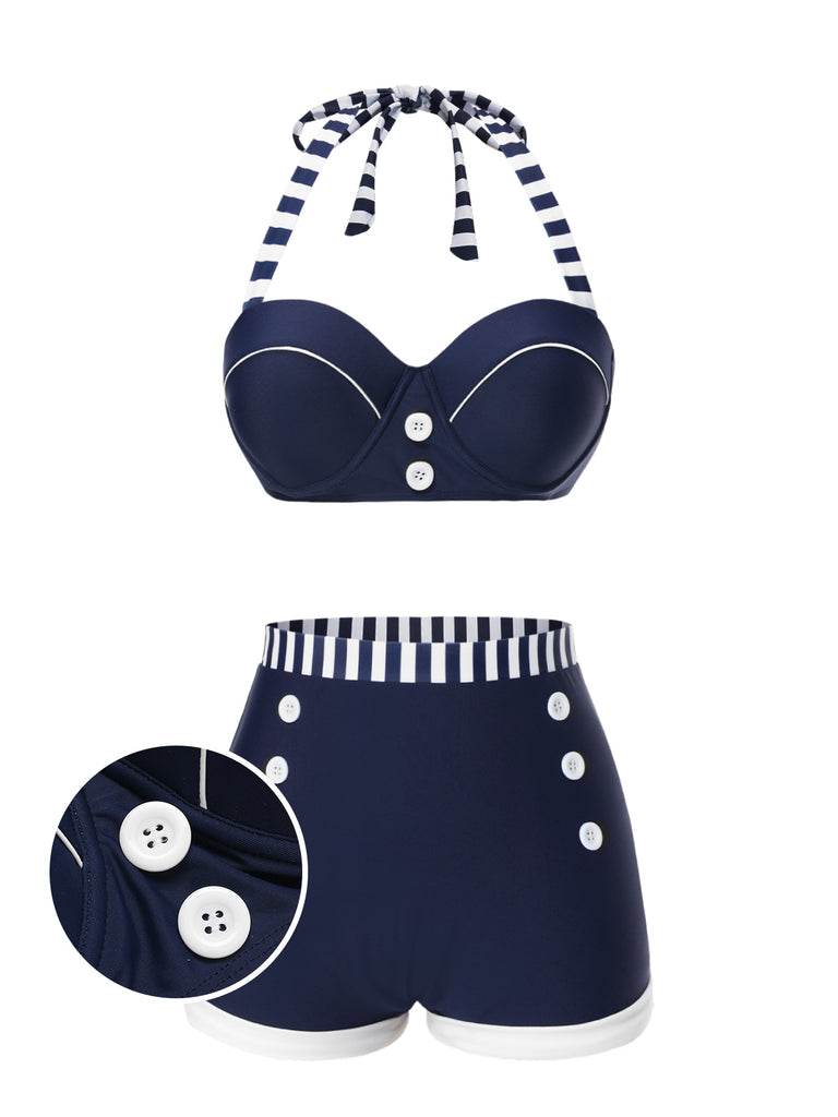 Blue 1940s Navy Style Patchwork Swimsuit
