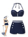 Blue 1940s Navy Style Patchwork Swimsuit