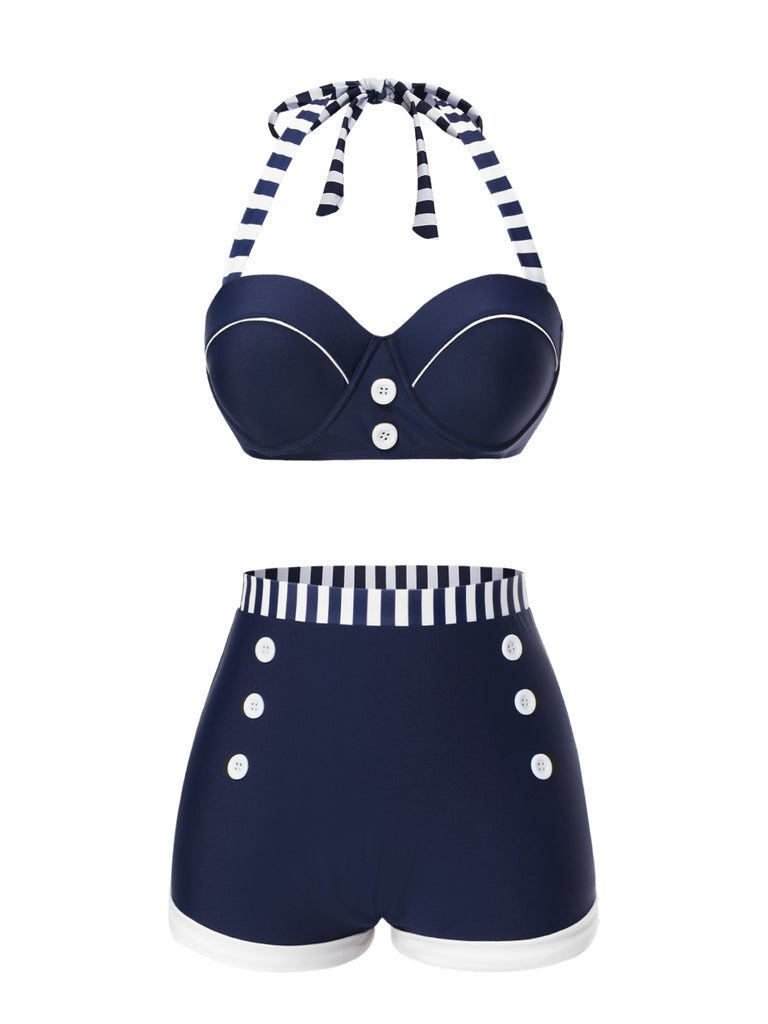 Blue 1940s Navy Style Patchwork Swimsuit