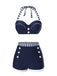 Blue 1940s Navy Style Patchwork Swimsuit