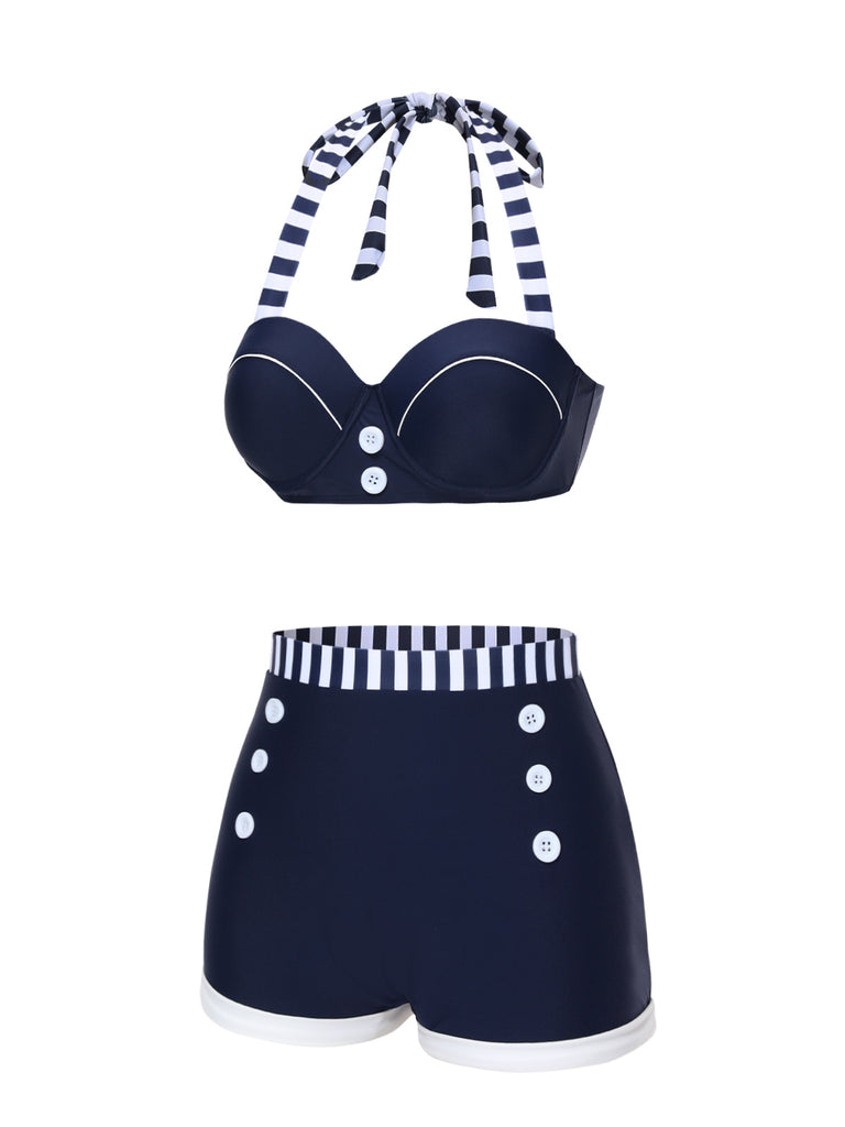 Blue 1940s Navy Style Patchwork Swimsuit