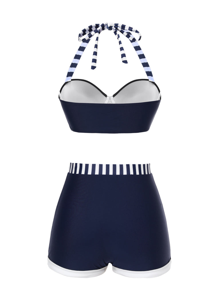 Blue 1940s Navy Style Patchwork Swimsuit
