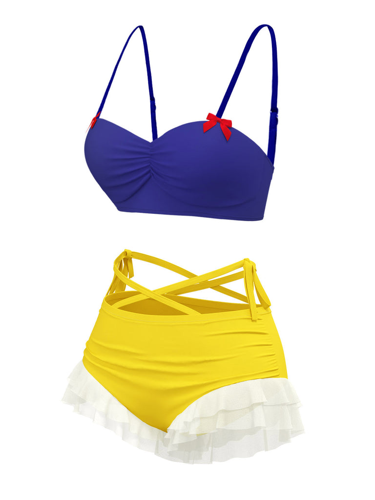Yellow & Blue 1950s Snow White Style Ruffled Swimsuit