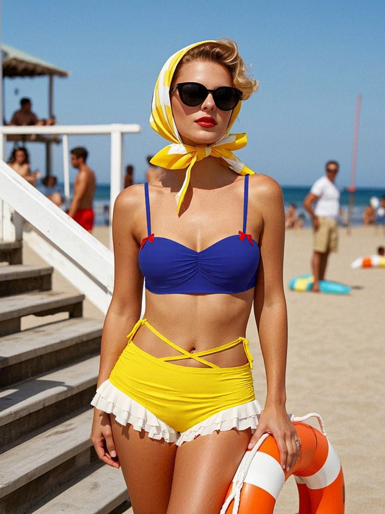 Yellow & Blue 1950s Snow White Style Ruffled Swimsuit