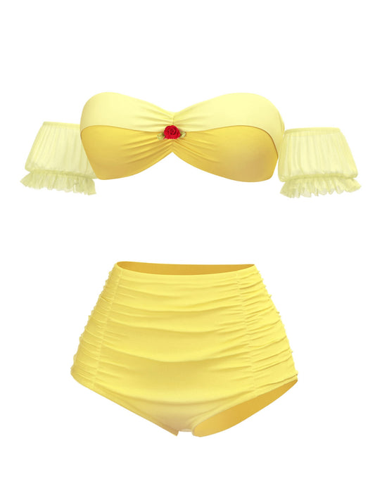 Yellow 1970s Belle Princess Style Rose Puff Bikini Set