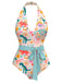Multicolor 1950s Dinosaur Print Halter One-Piece Swimsuit