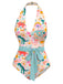 Multicolor 1950s Dinosaur Print Halter One-Piece Swimsuit