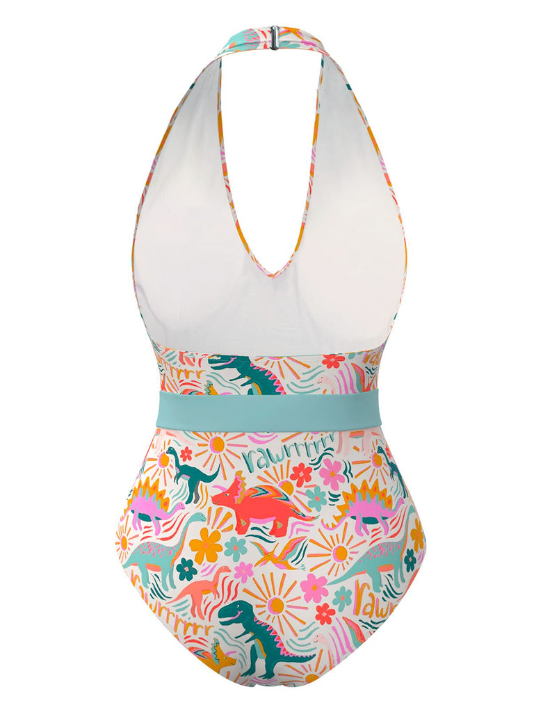 Multicolor 1950s Dinosaur Print Halter One-Piece Swimsuit