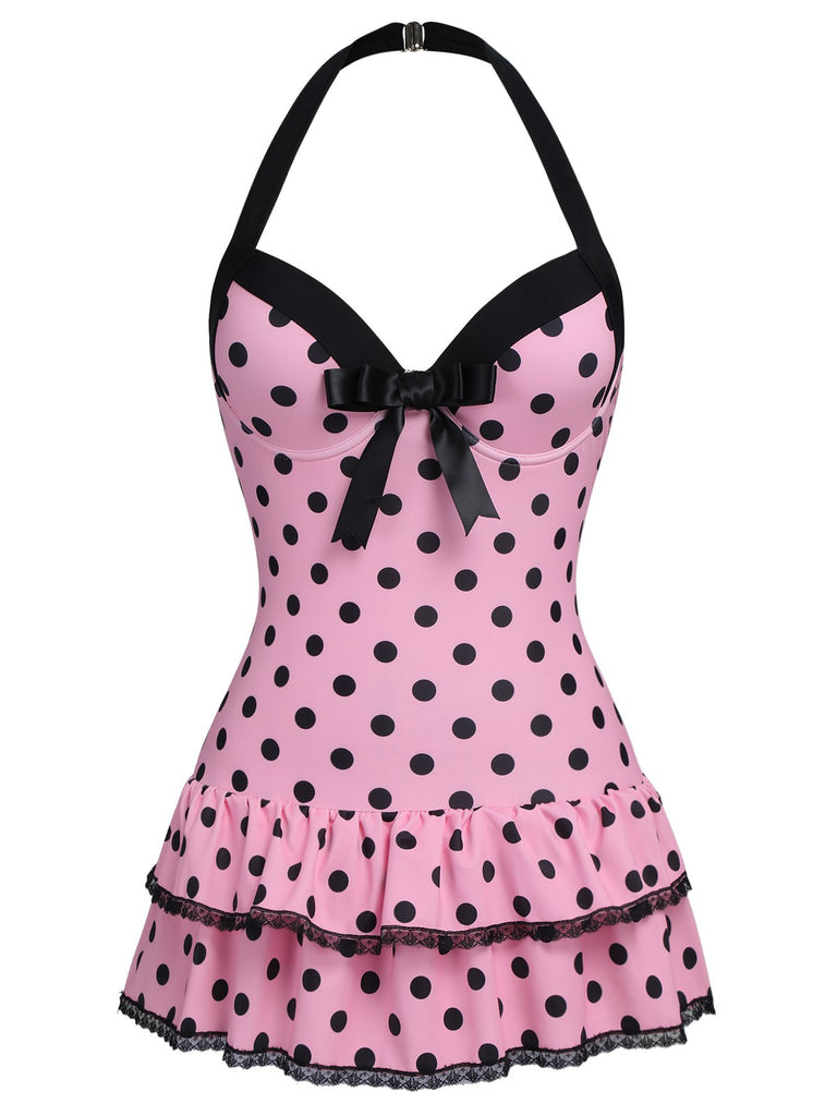 [Plus Size] Pink 1940s Polka Dots Hater Swimsuit