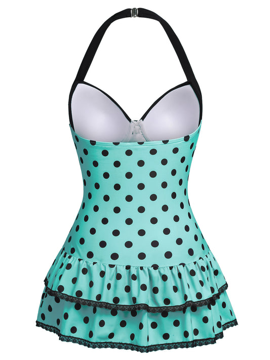 Blue 1940s Halter Polka Dots Bow One-Piece Swimsuit