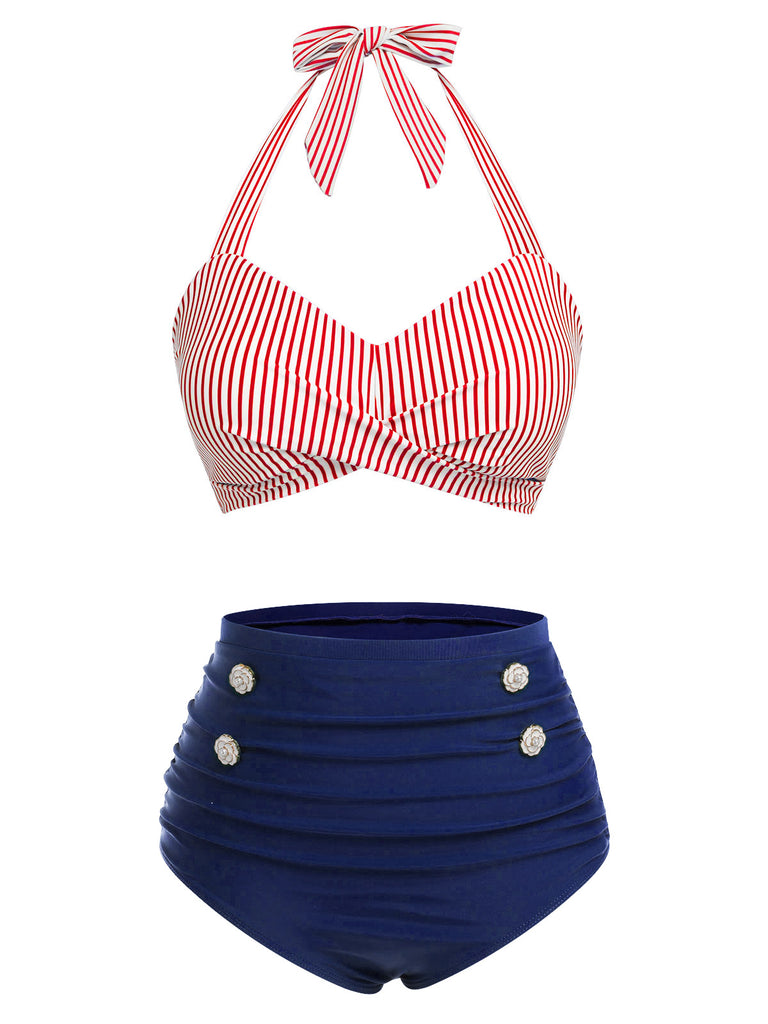 Blue 1940s Striped Halter Swimsuit Set