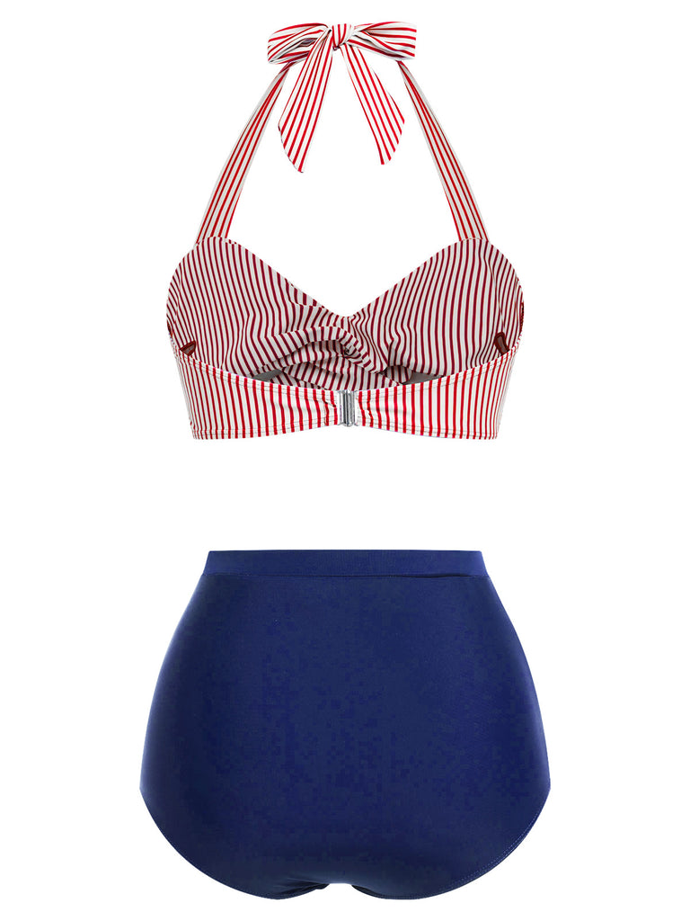 Blue 1940s Striped Halter Swimsuit Set