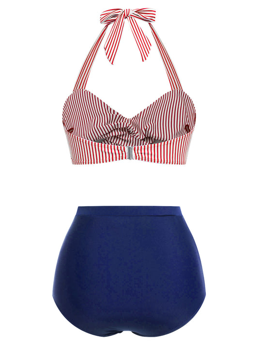 Red & Blue 1940s Striped Halter Swimsuit Set