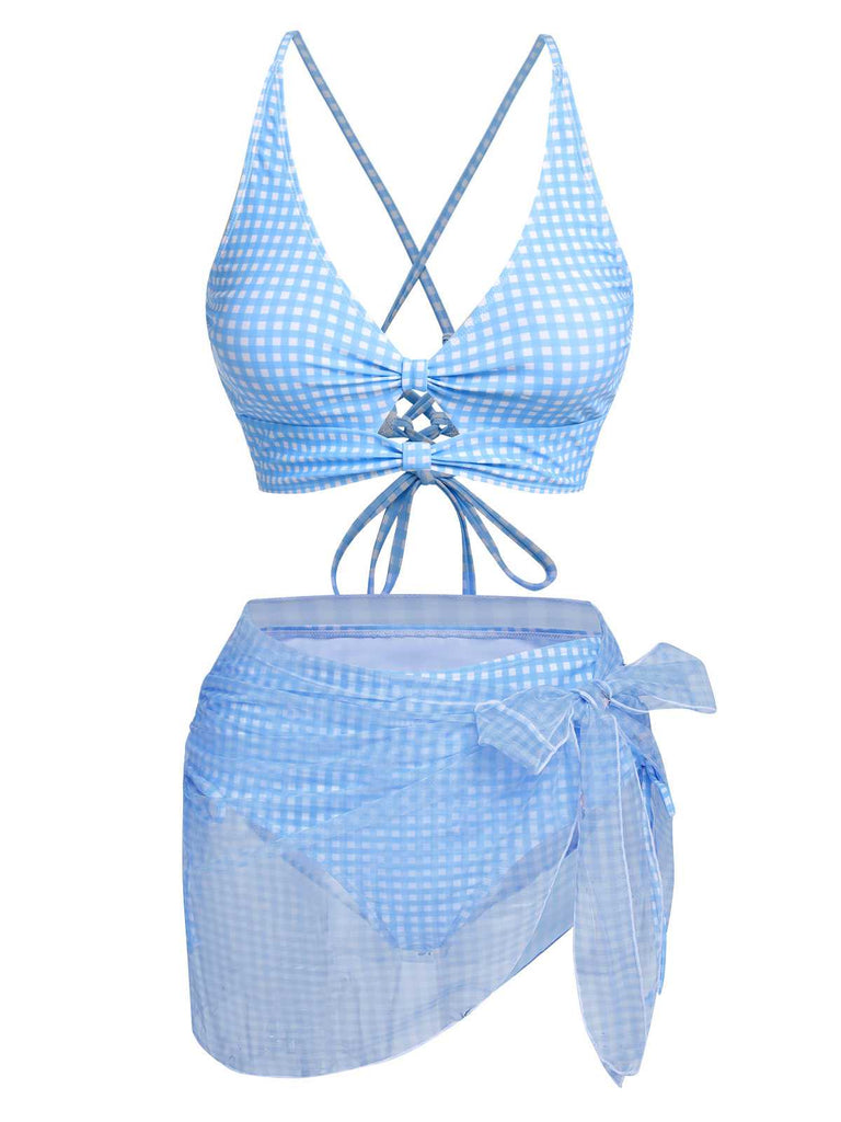2PCS Blue 1950s Plaids Swimsuit & Mesh Cover-Up