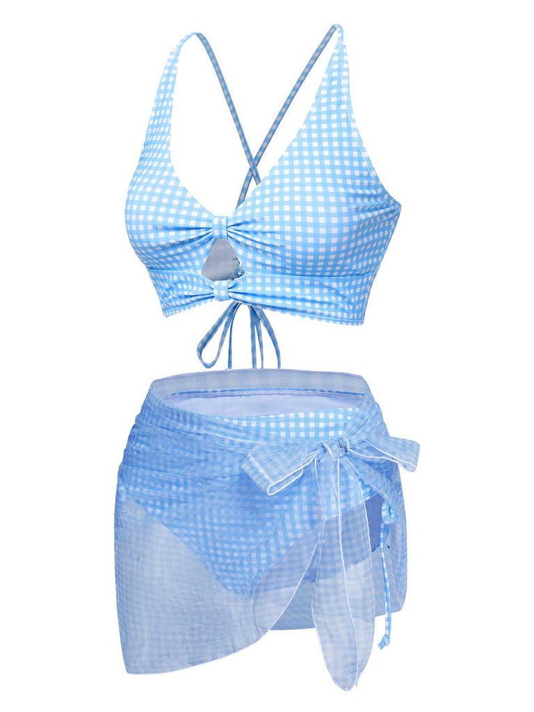 2PCS Blue 1950s Plaids Swimsuit & Mesh Cover-Up
