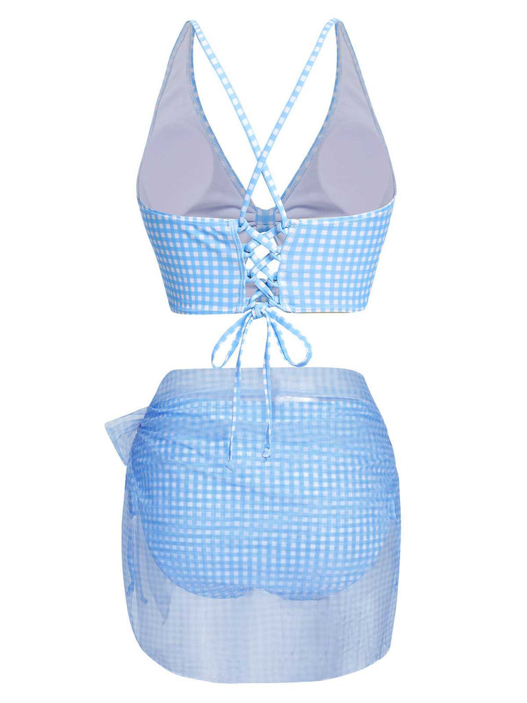 2PCS Blue 1950s Plaids Swimsuit & Mesh Cover-Up