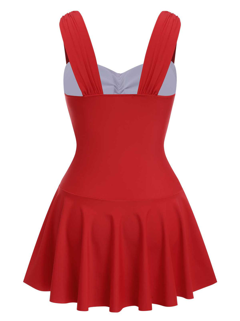 Red 1950s Pleated Solid One-Piece Swimsuit