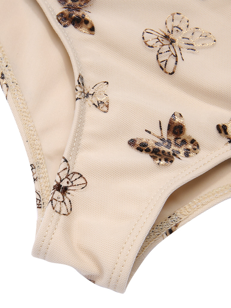 Apricot 1950s Butterfly Mesh Lace-Up Swimsuit