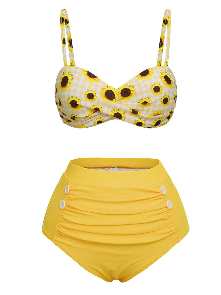Yellow 1950s Spaghetti Strap Sunflower Plaids Swimsuit