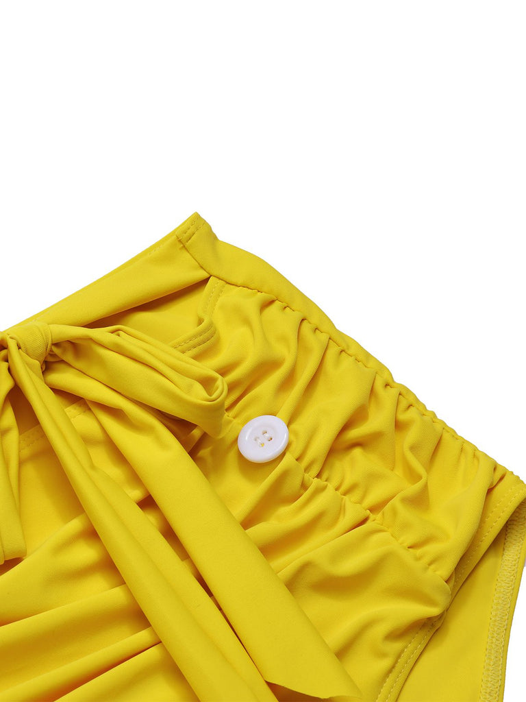 Yellow 1950s Sunflower Cross Halter Swimsuit
