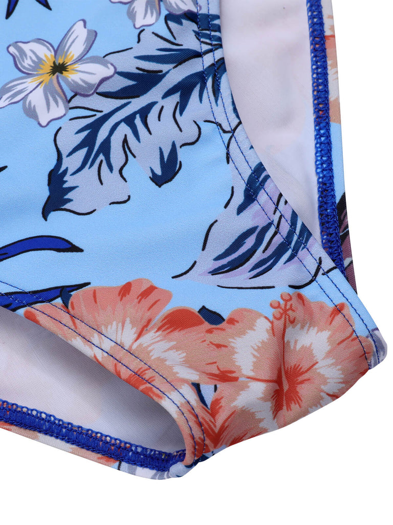[Plus Size] 1940S Tropical Plant Patchwork Lace-Up Swimsuit
