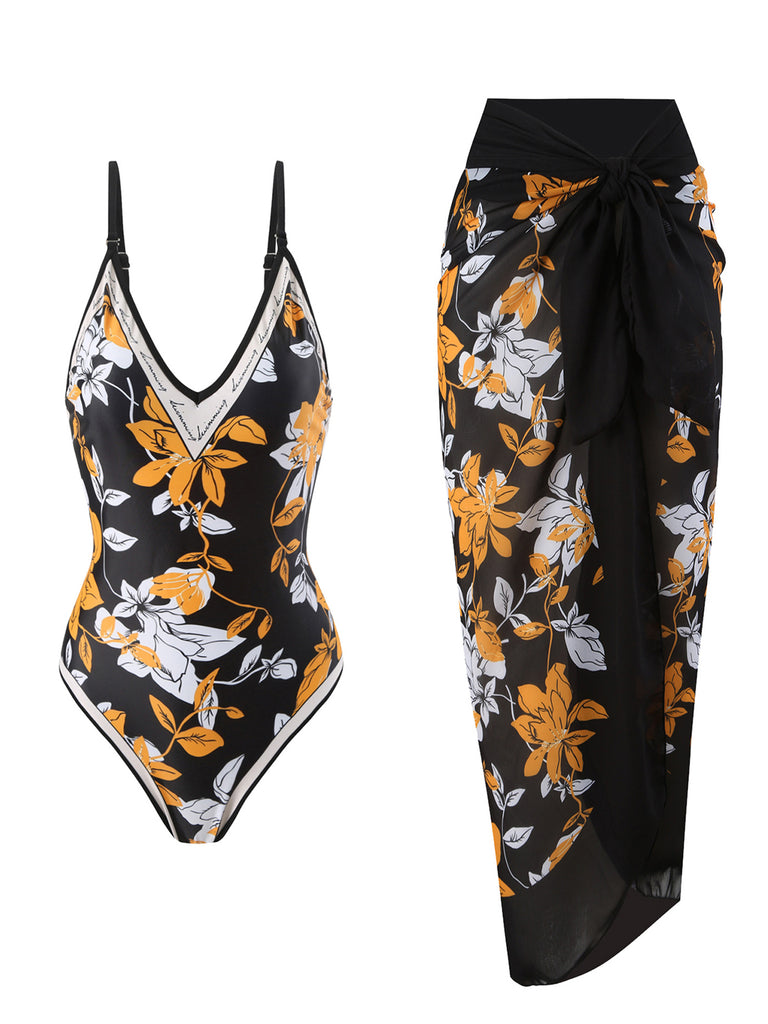 1950s Tropical Print One-Piece Swimsuit & Cover-Up