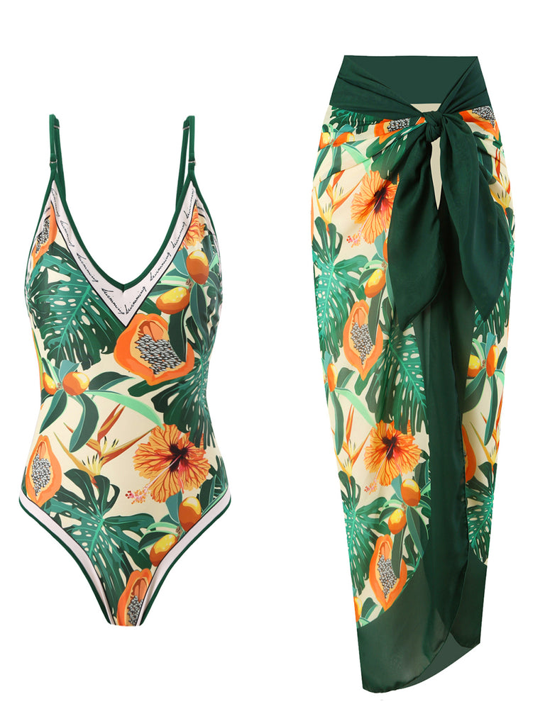 1950s Tropical Print One-Piece Swimsuit & Cover-Up