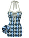 Blue Gray 1950s Argyle Halter One-Piece Swimsuit