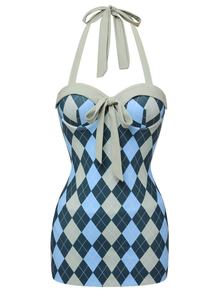 Blue Gray 1950s Argyle Halter One-Piece Swimsuit