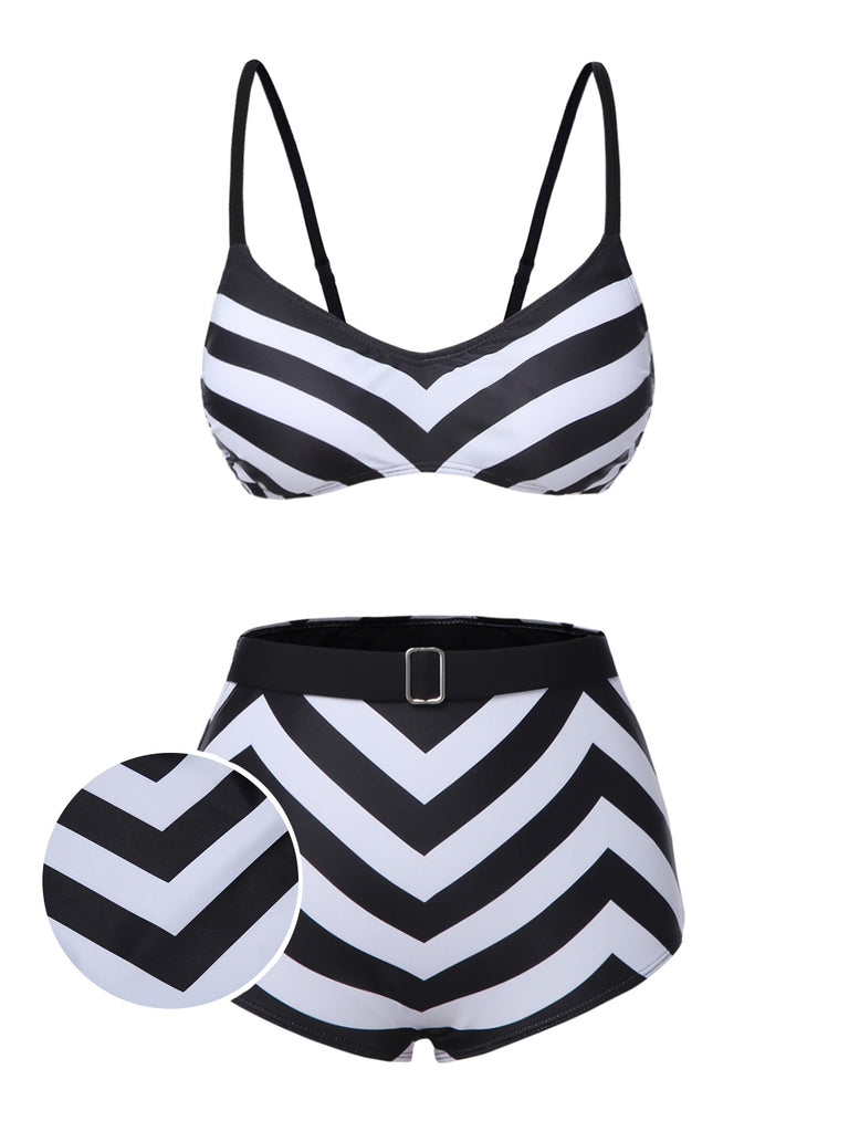 Black 1950s Striped Spaghetti Strap Swimsuit