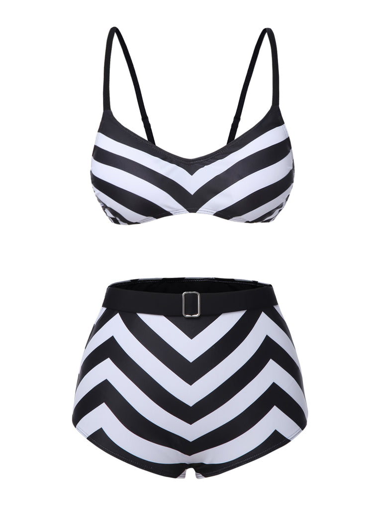Black 1950s Striped Spaghetti Strap Swimsuit