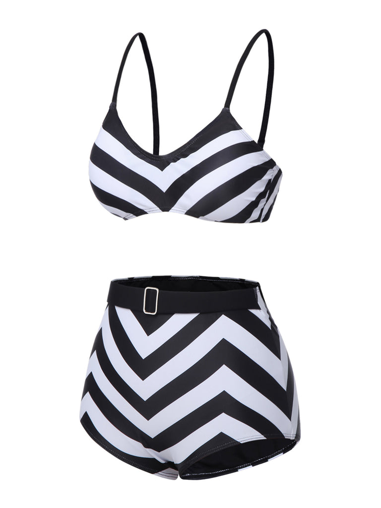 Black 1950s Striped Spaghetti Strap Swimsuit