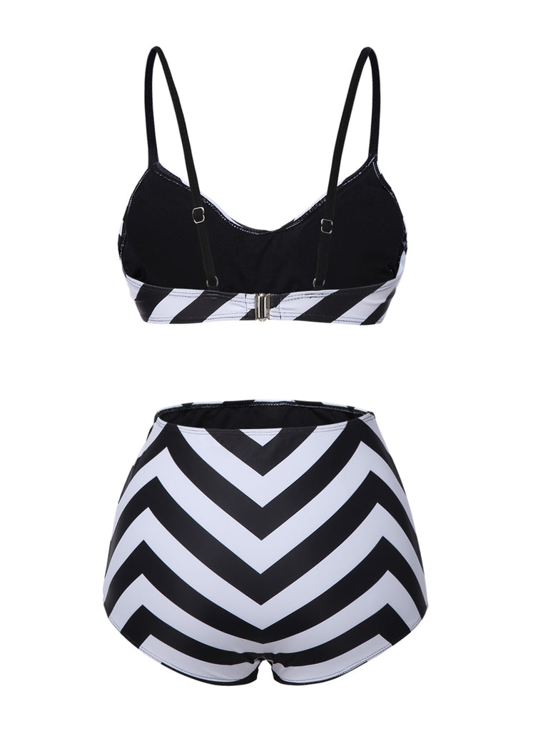 Black 1950s Striped Spaghetti Strap Swimsuit