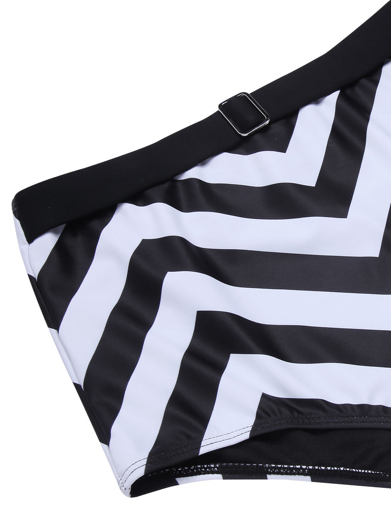 Black 1950s Striped Spaghetti Strap Swimsuit