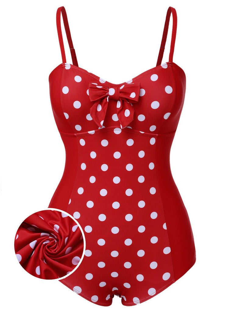Red 1950s Polka Dot Patchwork Strap Swimsuit