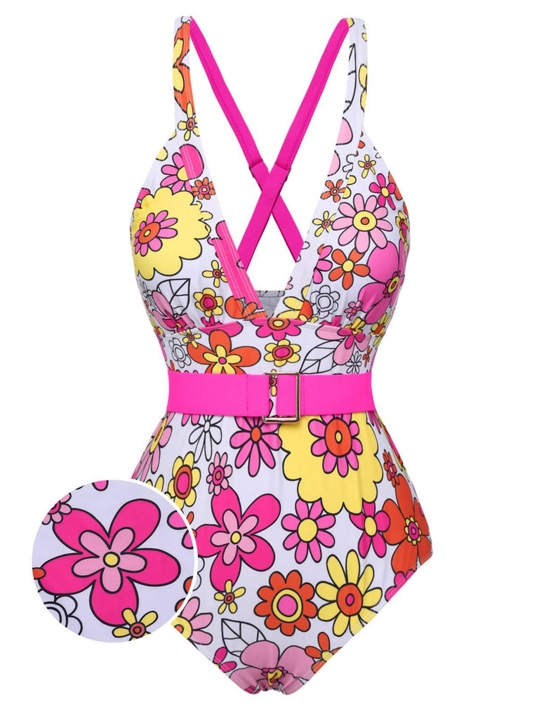 1960s Flowers Back-Cross Strap Belt Swimsuit