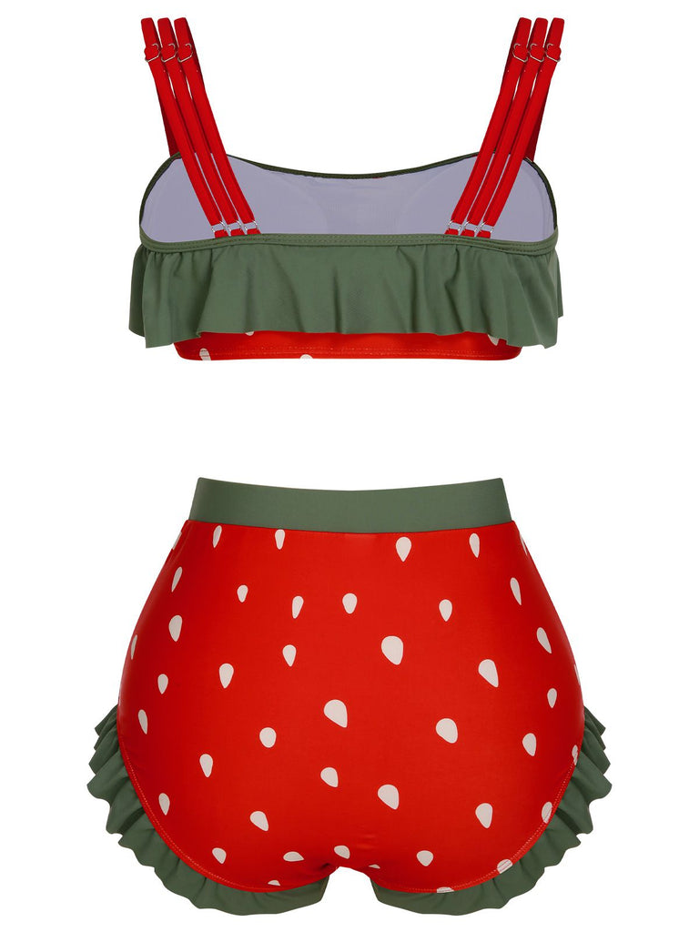 Red 1950s Strawberry Ruffle Strap Swimsuit