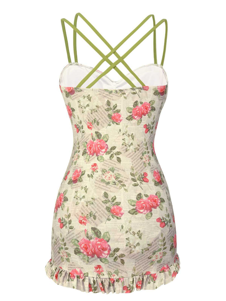 1940s Double Strap Pleated Roses One-Piece Swimsuit