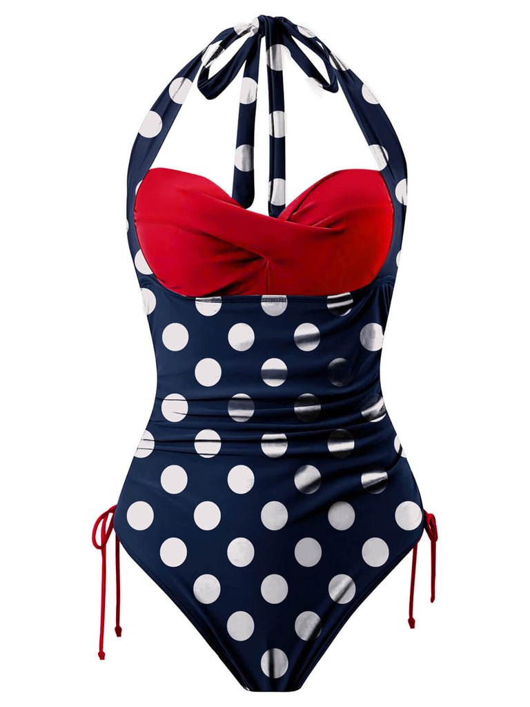 Blue & Red 1950s Polka Dots Halter Swimsuit
